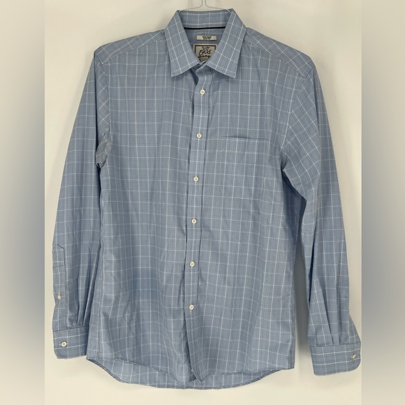 JOS. A. BANK NON IRON SLIM‎ FIT DRESS SHIRT CHECKERED IN BLUE AND WHITE - Picture 1 of 4